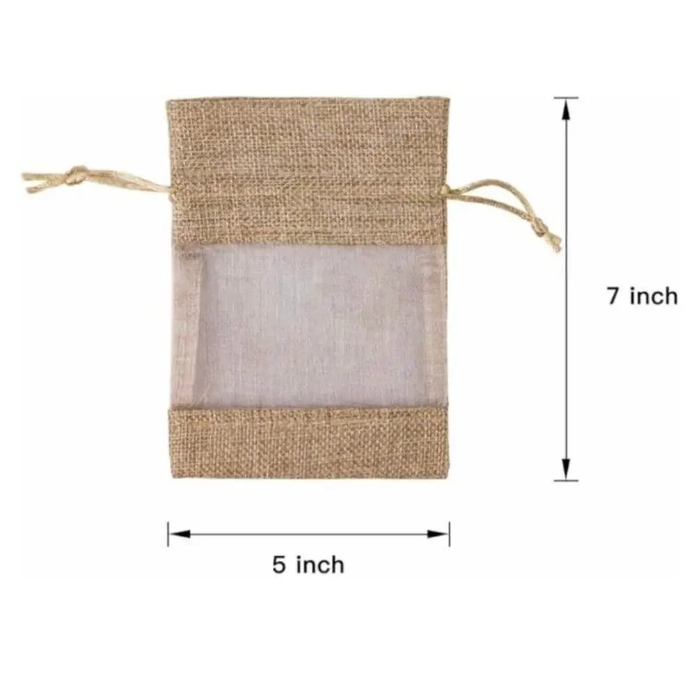 12 Pack Burlap Drawstring Gift Bags Organza Treat Bag Pouch Wedding 5x7 Window